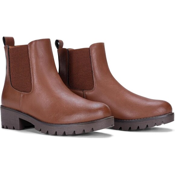 Vepose Women Mocha Brown Leather Chunky Block Heel Chelsea Ankle Pull-On Booties - Picture 4 of 9